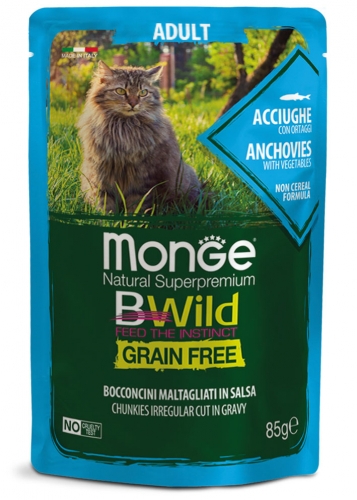 MONGE BWILD CAT Grain Free kapsička ADULT Ančovičky se zeleninou 85g