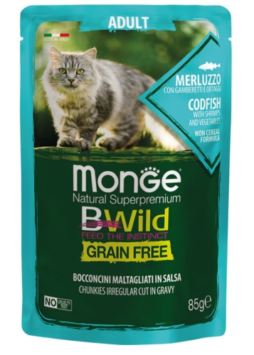 MONGE BWILD CAT Grain Free kapsička ADULT Treska se…