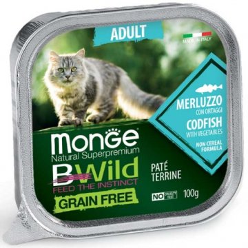 MONGE BWILD CAT Grain Free vanička ADULT Treska se zeleninou 100g