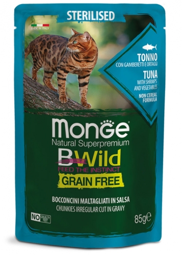 MONGE BWILD CAT Grain Free kapsička STERILKA Tuňák se zeleninou 85g