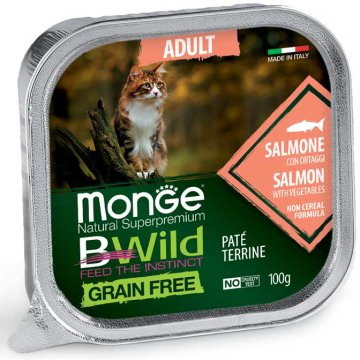 MONGE BWILD CAT Grain Free vanička ADULT Losos se zeleninou 100g