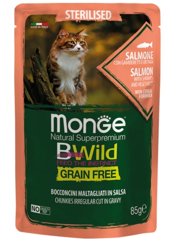 MONGE BWILD CAT Grain Free kapsička STERILKA Losos se zeleninou 85g